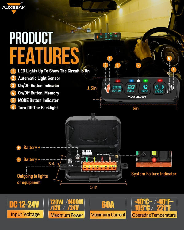 Auxbeam AS-400 4 Gang RGB Slim Switch Panel with APP & Remote Control - Colorado & Canyon Enthusiasts