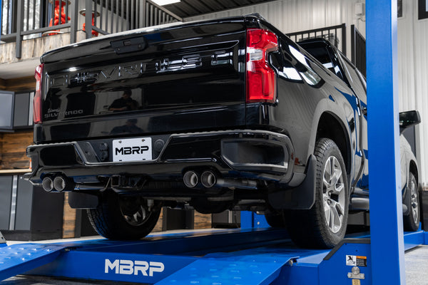 MBRP Armor Pro 3 Inch Cat Back Exhaust 2.5 Inch Dual Split Rear Exit with Quad 4 Inch OD Carbon Fiber Tips | 2019+ Silverado/Sierra 1500 (S50053CF)