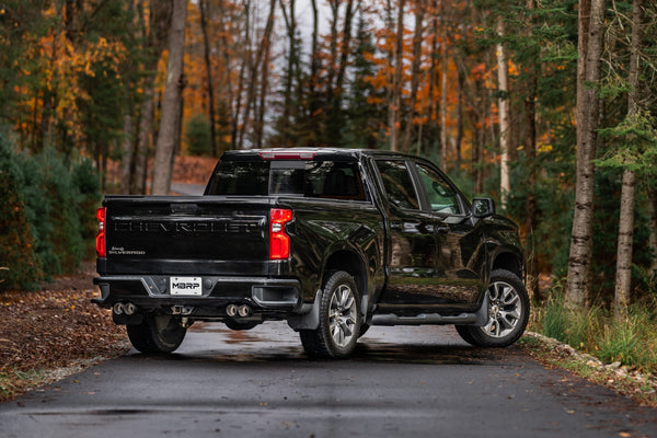 MBRP Armor Pro 3 Inch Cat Back Exhaust 2.5 Inch Dual Split Rear Exit with Quad 4 Inch OD Carbon Fiber Tips | 2019+ Silverado/Sierra 1500 (S50053CF)